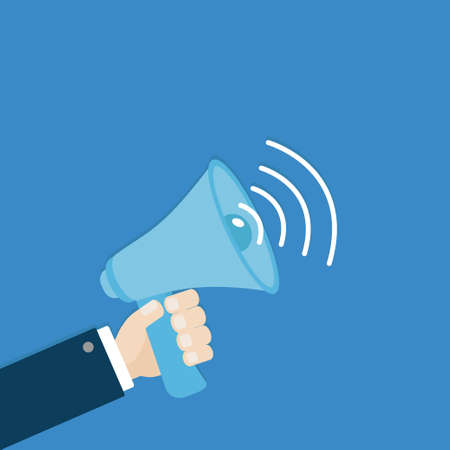 Businessman hand holding megaphone, speaker, loudspeaker icon. Announcement sign symbol. Flat design. Blue background. Isolated. Vector illustrationのイラスト素材
