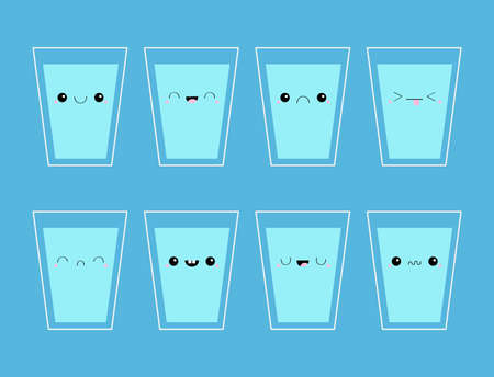 Drink water. Eight glass cup of water icon. Steal Aqua drop. Cute cartoon kawaii funny baby character. Different face emotion. Eyes, mouth. Flat design. Blue background. Isolated. Vector illustrationのイラスト素材