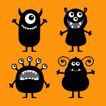 Happy Halloween. Monster set. Cute kawaii cartoon baby character icon. Funny face head black silhouette. Eyes teeth fang tongue, holding hands up down. Flat design. Orange background. Vectorのイラスト素材