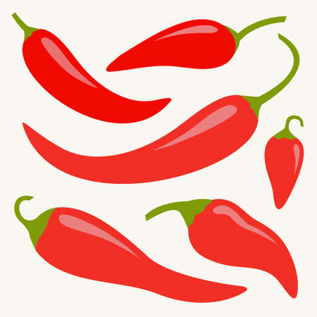 Chili hot pepper icon set. Red chilli cayenne peppers. Flat design. White background. Isolated. Vector illustrationのイラスト素材