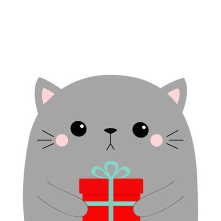 Cute cat holding gift box. Kawaii animal. Gray silhouette. Scandinavian style. Cute cartoon kitten character. Funny baby sad kitty. Happy Valentines Day. Love card. Flat design White background Vectorのイラスト素材