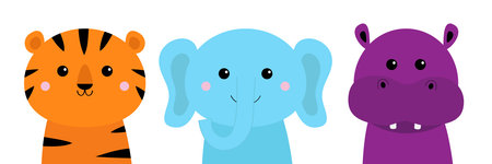 Elephant, hippopotamus, tiger. Cute animal icon set. Hippo, river-horse, Kawaii cartoon character....