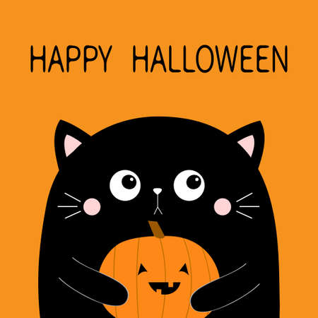 Happy Halloween. Cat face head holding pumpkin. Cute cartoon character. Kawaii baby animal. Boo. Notebook cover, tshirt, greeting card, sticker print. Flat design. Isolated. Orange background. Vectorのイラスト素材