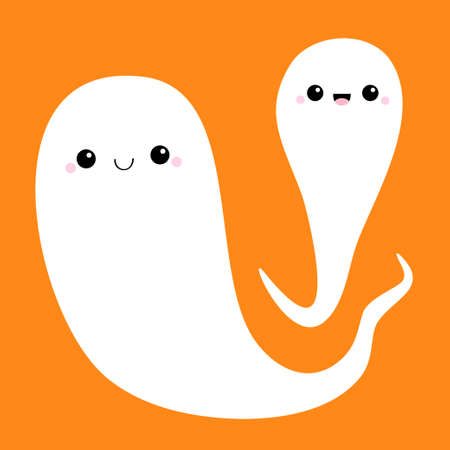 Two flying ghost spirit set. Happy Halloween. Cute cartoon kawaii spooky baby character. Scary white ghosts. Boo. Smiling face, hands. Greeting card. Orange background. Flat design Vector illustrationのイラスト素材