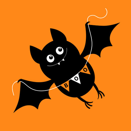Flying bat holding bunting flag Boo. Happy Halloween. Cute cartoon kawaii spooky character. Scary...