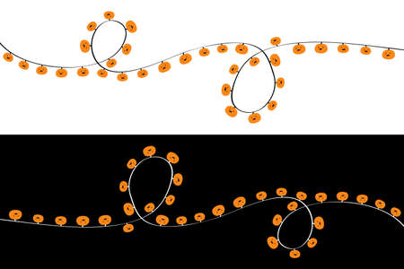 Halloween pumpkin light set. Cute cartoon face. Holiday festive decoration. Orange string fairy lights. Lightbulb glowing garland template. Flat design. Black and white background. Isolated. Vectorのイラスト素材