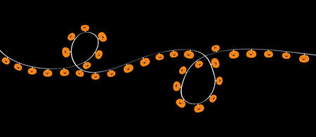 Halloween pumpkin light set. Lightbulb glowing garland template. Cute cartoon face. Holiday festive decoration. Orange string fairy lights. Flat design. Black background. Isolated. Vector illustrationのイラスト素材