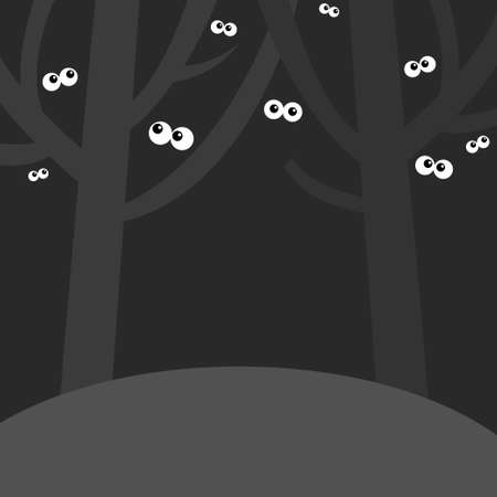 Landscape with scary tree forest scene. Ghost spirit eyes eyeballs looking in the dark. Boo. Happy Halloween. Cute cartoon kawaii spooky baby character. Black background. Flat design. Vectorのイラスト素材