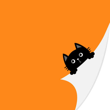 Curled paper corner. Black cat face holding fold page corners. Paw print. Happy Halloween. Cute cartoon kawaii funny baby animal character. Greeting card template. Orange background. Isolated. Vectorのイラスト素材