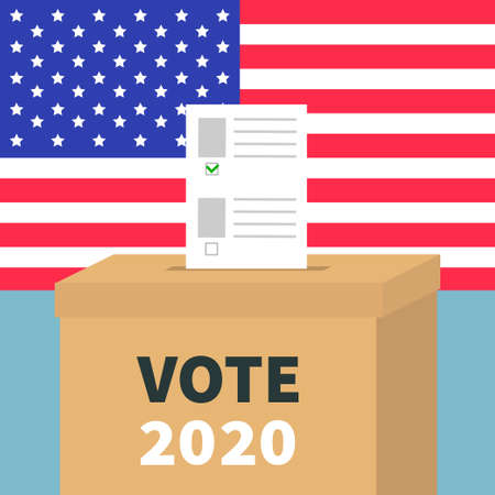 President election day Vote 2020. Ballot Voting box with paper blank bulletin concept. Polling station.American flag on the wall. Flat design. Invitation Card. Isolated. Blue background Vectorのイラスト素材