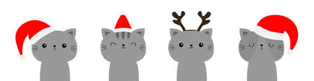 Cat set. Merry Christmas. Cute cartoon funny character. Gray face icon in red santa hat horns. Line banner. Funny kawaii baby animal. Kitten kitty. Pet collection. Flat design. White background Vectorのイラスト素材