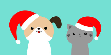 Merry Christmas. Cute dog cat face in red Santa hat. Funny kawaii doodle baby animal. Cute cartoon...