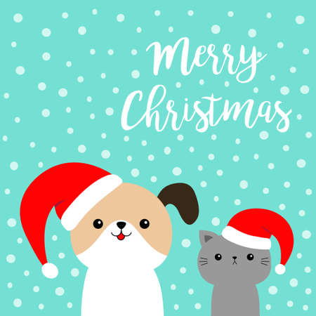 Merry Christmas. Cute dog cat face in red Santa hat. Cute cartoon funny character. Funny kawaii baby animal. Puppy and kitten. Pet collection. Flat design. Blue snow flake background. Vectorのイラスト素材