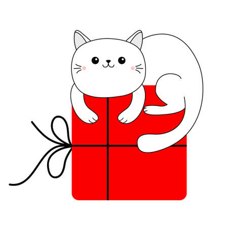 Cute cat holding big red Merry Christmas gift box. Cartoon funny character. Funny kawaii doodle contour line animal. Present giftbox. Xmas card. Pet collection. Flat design. White background. Vectorのイラスト素材