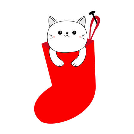 Cute cat in Merry Christmas Santa sock. Cartoon funny character. Hanging red Santa Claus stocking. Funny kawaii doodle contour animal. Xmas card. Pet collection. Flat design. White background. Vectorのイラスト素材