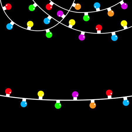 Christmas lights string. Colorful fairy light set. Holiday festive xmas decoration. Lightbulb glowing garland. Round cone shape. Rainbow color. Flat design. Isolated. Black background. Vectorのイラスト素材