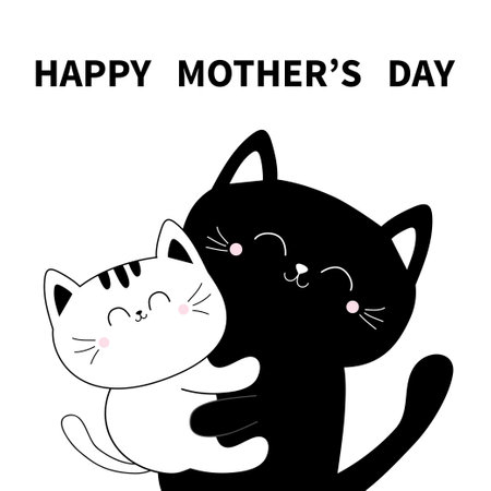Happy Mothers day. Cat holding kitten. Hugging family. Hug, embrace, cuddle. Cute funny cartoon character. Greeting card. Black White contour kitty. Baby pet background. Flat design. Vectorのイラスト素材