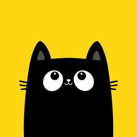 Black cat kitten head face silhouette looking up. Kawaii animal. Cute cartoon baby character. Notebook sticker print template. Pet collection. Flat design. Yellow background. Isolated. Vectorのイラスト素材