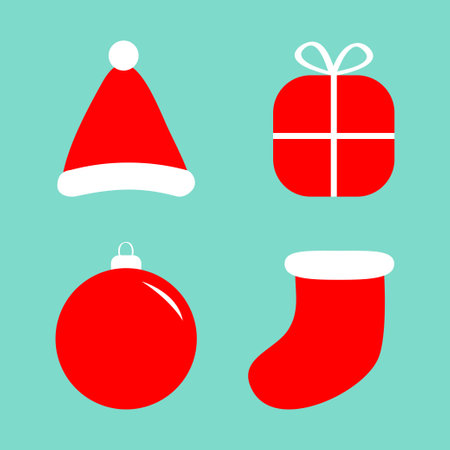 Merry Christmas ball Gift box Santa Claus hat stocking sock icon set. Cute round bauble toy. Happy New Year sign symbol. Flat design style. Xmas decoration. Winter background. Isolated. Vectorのイラスト素材