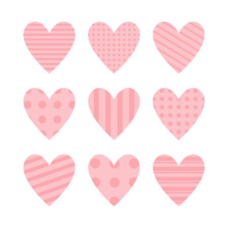 Pink heart icon set. Cute polka dot, line pattern. Happy Valentines day sign symbol simple template. Love greeting card. Decoration element. Square composition. White background. Flat design. Vectorのイラスト素材