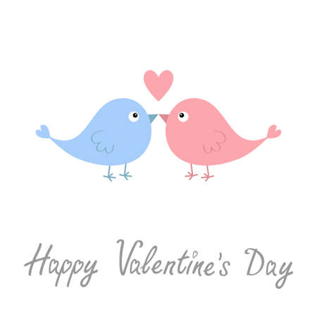 Happy Valentines Day. Two bird couple. Pink heart. Love Greeting card. Sticker print. Cute cartoon kawaii funny baby character. Flat design. White background. Isolated. Vector illustrationのイラスト素材