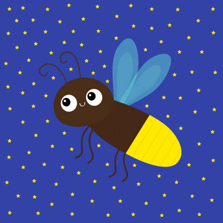 Cute firefly beetle bug. Insect animal. Cartoon kawaii funny smiling baby character. Brown color. Shining yellow light bulb. Education cards for kids. Blue sky star background. Flat design. Vectorのイラスト素材