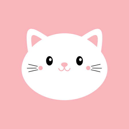 White cat kitten kitty round icon. Kawaii cute cartoon character. Funny happy face. Baby greeting card tshirt notebook cover template. Happy Valentines Day. Flat design. Pink background. Vectorのイラスト素材