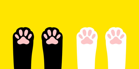 Cat paw leg foot print set. Kitten footprint icon. Cute cartoon character body part silhouette. Baby pet collection. Love. White black pink sign symbol. Flat design. Yellow background Isolated. Vectorのイラスト素材