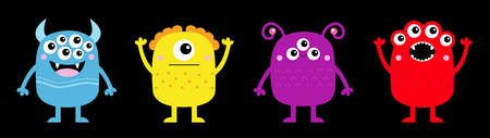 Happy Halloween. Monster icon set line banner. Cute kawaii cartoon baby character. Funny face head colorful silhouette. Hands up, down. Eyes teeth fang horn tongue. Flat design Black background Vectorのイラスト素材