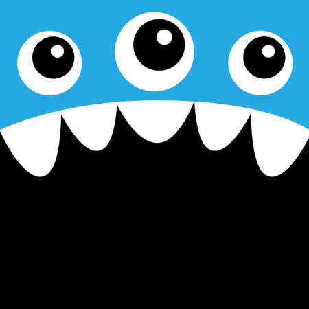 Monster head. Boo Spooky Screaming face emotion. Thtree eyes, teeth fang, mouse. Square head. Cute cartoon character. Happy Halloween. Flat design. Blue color. Black background template. Vectorのイラスト素材