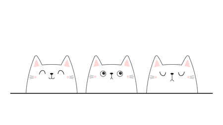 White cat face head set. Black line contour silhouette icon. Funny smiling sad doodle animal. Pink blush cheeks. Cute cartoon character. Pet collection. Flat design. Baby background. Vectorのイラスト素材