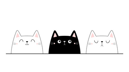 Cat face head set. Line contour silhouette icon. Funny kawaii smiling sad doodle animal. Black and white. Pink blush cheeks. Cute cartoon character. Pet collection. Flat design. Baby background Vectorのイラスト素材