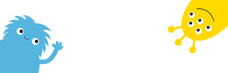 Monster head face silhouette set. Line banner. Happy Halloween. Eyes, teeth, tongue, hands. Hanging upside down. Colorful Funny Cute kawaii cartoon baby character. Flat design. White background Vectorのイラスト素材