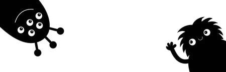 Monster head face silhouette set. Line banner. Happy Halloween. Eyes, teeth, tongue, hands. Hanging upside down. Black Funny Cute kawaii cartoon baby character. Flat design. White background. Vectorのイラスト素材