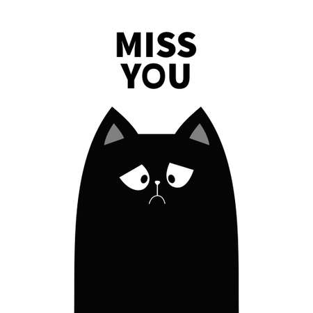 Miss you. Sad grumpy cat kitten silhouette. Bad emotion face. Cute cartoon kitty character. Kawaii funny animal. Love Greeting card. Flat design. White background Isolated. Vector illustrationのイラスト素材