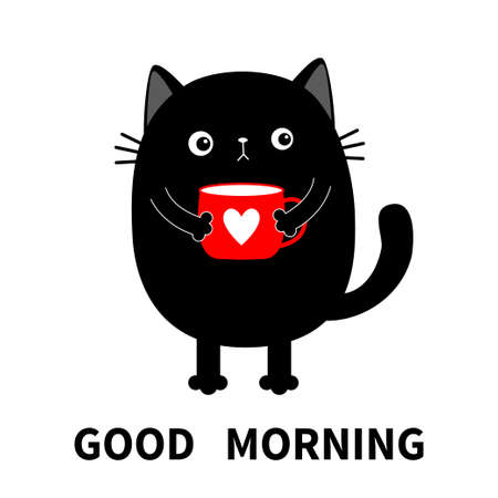 Good morning. Cat kitten holding coffee cup heart. Sad grumpy bad emotion face. Cute cartoon kitty character. Kawaii funny animal. Love Greeting card. Flat design. White background Isolated. Vectorのイラスト素材