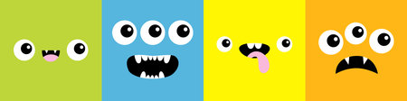 Monster square head line icon set. Boo Spooky Screaming smiling sad face emotion. Three eyes,...