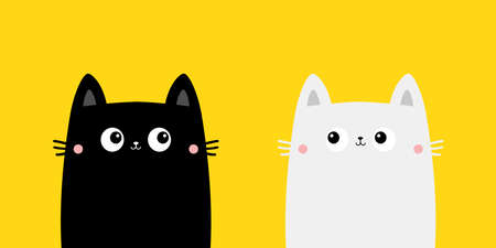 Cat set. Two black and white kitten head face silhouette. Funny Cute kawaii cartoon baby character. Love couple. Notebook sticker print template. Happy Halloween. Flat design. Yellow background Vectorのイラスト素材