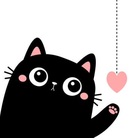 Black cat kitten kitty holding pink heart hanging at dash line. Cute cartoon kawaii funny animal baby character. Flat design. Happy Valentines Day. Love card. White background. Isolated. Vectorのイラスト素材