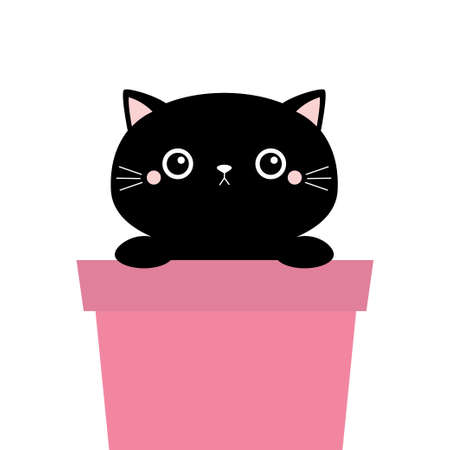 Cat in flower pot. Holding paw hands. Black silhouette. Cute cartoon funny character. Mustaches. Baby pet animal collection. Sticker tshirt print template. Flat design. White background. Vectorのイラスト素材