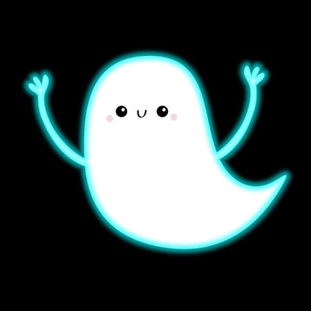 Flying ghost spirit with hands. Scary white glowing ghosts. Neon blue effect. Happy Halloween. Cute cartoon spooky character. Smiling face. Greeting card. Black background. Flat design. Vectorのイラスト素材