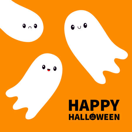 Happy Halloween. Three flying ghost spirit set. Scary white ghosts family. Cute cartoon spooky character. Smiling face. Greeting card. Orange background. Isolated. Flat design. Vector illustrationのイラスト素材