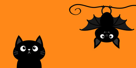 Hanging bat. Black cat kitten kitty looking up. Happy Halloween banner. Cute cartoon kawaii funny baby animal charater. Greeting card. Flat design. Orange background. Isolated. Vector illustrationのイラスト素材