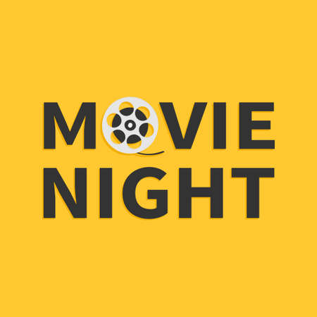 Word MOVIE NIGHT. Film movie reel. I love cinema icon. Film festival banner flyer poster invitation template. Flat design style. Yellow background. Isolated. Vector illustrationのイラスト素材