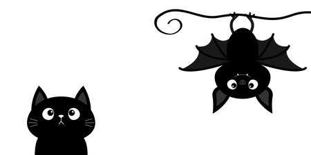 Hanging bat. Black cat kitten kitty looking up. Happy Halloween banner. Cute cartoon kawaii funny...