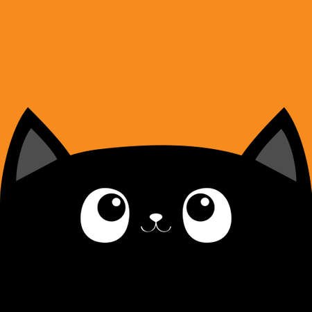 Happy Halloween. Black cat kitten head face looking up. Cute kawaii cartoon character. Pet baby collection. Greeting card print. Flat design. Orange background. Isolated. Vector illustrationのイラスト素材