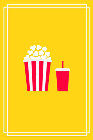 Popcorn and soda set. Movie night cinema icon. White red strip box, drinking glass. Pop corn food. Cute frame banner decoration template. Flat design style. Yellow background. Isolated. Vectorのイラスト素材