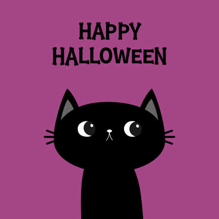 Black cat kitten head face. Happy Halloween. Bones text font. Bone letter type. Cute cartoon kawaii character. Pet baby collection. Greeting card. Flat design. Violet background. Isolated. Vectorのイラスト素材