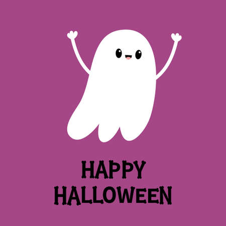 Happy Halloween. Flying ghost spirit with hands. Scary white ghosts. Bones text font. Bone letter type. Cute cartoon spooky character. Smiling face. Greeting card. Violet background Flat design Vectorのイラスト素材