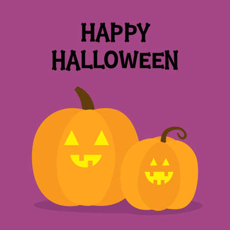Happy Halloween. Two pumpkin set. Bones text font. Bone letter type. Funny smiling face. Glowing eyes. Cute kawaii cartoon funny baby character. Greeting card. Violet background. Flat design. Vectorのイラスト素材